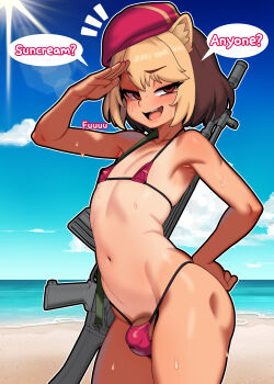 1boy animal_ear_fluff animal_ears arm_behind_back ass assault_rifle beach beret bikini blonde_hair bulge cat_boy cat_ears commentary cowboy_shot daewoo_k2 dark_penis english_commentary english_text from_side gun hat highres male_focus micro_bikini military_uniform open_mouth orange_eyes original penis penis_peek red_bikini red_hat ribs rifle salute sand shore short_hair skinny sky solo speech_bubble sunlight sweat swimsuit tan teeth toned toned_male trap tsurime upper_teeth_only water weapon wuni_(dkadireks_6974)