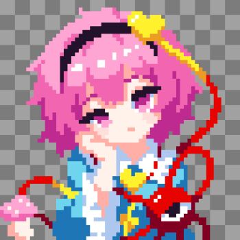 1girl black_hairband blush checkered_background closed_mouth commentary_request grey_background hairband hand_on_own_cheek hand_on_own_face heart highres komeiji_satori long_sleeves looking_at_viewer mushroom pink_eyes pink_hair pixel_art short_hair solo takeez3 third_eye touhou upper_body