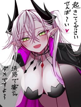 1girl absurdres blush body_markings breasts cleavage crossed_bangs demon_girl demon_horns demon_wings fate/grand_order fate_(series) grey_hair highres horns large_breasts lilith_(fate) lilith_(second_ascension)_(fate) long_hair looking_at_viewer mcpc_zamurai open_mouth pointy_ears smile solo translation_request twintails wings