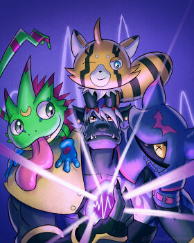 belt chiropmon digimon digimon_(creature) digimon_beatbreak fangs gekkomon glowing highres legendarytamer murasamemon pristimon sharp_teeth teeth tongue tongue_out