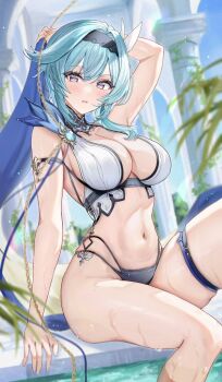 00nanona 1girl alternate_costume bikini black_hairband blue_hair blue_sky breasts commentary_request day dutch_angle eula_(genshin_impact) genshin_impact hairband large_breasts linea_alba looking_at_viewer navel outdoors parted_lips poolside sitting sky solo stomach swimsuit thigh_strap vision_(genshin_impact) wet yellow_eyes