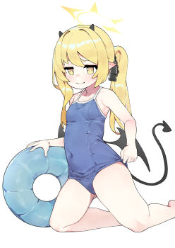 1girl adjusting_clothes adjusting_swimsuit alternate_costume araimelon asymmetrical_hair bare_arms bare_legs bare_shoulders barefoot black_horns black_ribbon black_tail black_wings blonde_hair blue_archive blue_one-piece_swimsuit blush breasts closed_mouth collarbone competition_school_swimsuit covered_navel demon_girl demon_horns demon_tail demon_wings hair_ribbon halo horns ibuki_(blue_archive) innertube kneeling loli long_hair looking_at_viewer low_wings one-piece_swimsuit pointy_ears ribbon school_swimsuit side_ponytail simple_background small_breasts smile solo swim_ring swimsuit tail white_background wings yellow_eyes yellow_halo