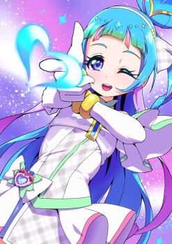 1girl ;d aokaze_nana blue_hair bow commentary_request cosplay cure_wink cure_zukyuun cure_zukyuun_(cosplay) dress dress_bow elbow_gloves gloves gradient_hair green_hair hair_bun hair_ribbon hairband heart_hair_bun highres kimi_to_idol_precure looking_at_viewer magical_girl multicolored_hair one_eye_closed one_side_up open_mouth plaid_ribbon pointing pointing_at_viewer precure purple_eyes purple_hair ribbon ryuuta_(cure_ryuuta) short_bangs single_hair_bun smile solo streaked_hair teeth upper_teeth_only white_bow white_dress white_gloves white_hairband white_ribbon