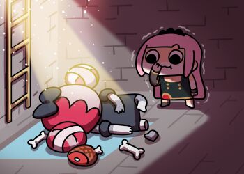 2girls absurdres arm_up black_dress bone boned_meat chibi colored_skin commentary corpse covering_own_mouth double_bun dress family_guy_death_pose_(meme) food grey_skin hair_bun highres hololive hololive_english hololive_indonesia hytale indoors keenbiscuit kureiji_ollie kureiji_ollie_(1st_costume) ladder light_particles light_rays long_hair looking_at_another lying meat meme mori_calliope multicolored_hair multiple_girls on_side patchwork_skin pink_hair red_hair stifled_laugh virtual_youtuber water zombie