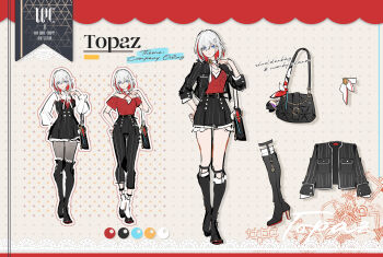 1girl absurdres alternate_costume bag bare_shoulders belt black_bag black_belt black_boots black_dress black_jacket black_pants black_pantyhose black_shoes black_shorts blue_eyes boots breasts character_name color_guide colored_shoe_soles commentary criss-cross_halter dotted_background dress english_commentary english_text full_body grape_(grapedraws) hair_ornament halterneck hand_up high_heel_boots high_heels highres holding holding_bag honkai:_star_rail honkai_(series) jacket knee_boots long_sleeves looking_at_viewer medium_breasts multiple_views pants pantyhose red_hair red_shirt reference_sheet shirt shoes short_hair short_sleeves shorts shoulder_bag socks striped_clothes striped_jacket striped_pants striped_shorts topaz_(honkai:_star_rail) white_hair white_socks