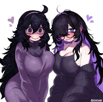 2girls @_@ ahoge alternate_breast_size_(larger) artist_name bags_under_eyes bare_shoulders black_cardigan black_dress blush breast_press breasts cardigan cleavage colored_inner_hair crossover double-parted_bangs dress drooling ear_blush furrowed_brow goddess_of_victory:_nikke hair_between_eyes hair_intakes hair_over_one_eye hair_over_shoulder hairband heart hex_maniac_(pokemon) hex_maniac_(pokemon_xy) highres huge_breasts kms2605 label_(nikke) long_hair look-alike looking_at_viewer low_neckline messy_hair mojyo mole mole_on_breast multicolored_hair multiple_girls multiple_moles nintendo off_shoulder open_mouth pale_skin parted_bangs partially_shaded_face pokemon pokemon_xy purple_dress purple_hairband side-by-side simple_background sleeveless sleeveless_dress smile sweat sweater trait_connection turtleneck turtleneck_sweater twitter_username very_long_hair wavy_mouth white_background