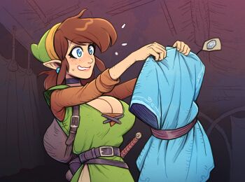backpack bag belt blue_eyes breasts brellom brown_hair champion&#039;s_tunic_(zelda) choker cleavage curtains ear_piercing earrings genderswap genderswap_(mtf) green_hat hat holding holding_unworn_clothes indoors jewelry large_breasts link nervous_smile nintendo piercing pointy_ears price_tag rupee_(zelda) sidelocks smile sword the_legend_of_zelda tunic weapon