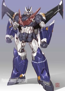 clenched_hands gradient_background great_mazinger great_mazinger_(robot) highres jetpack looking_at_viewer maeda_hiroyuki mazinger_(series) mecha no_humans robot science_fiction shadow solo super_robot yellow_eyes