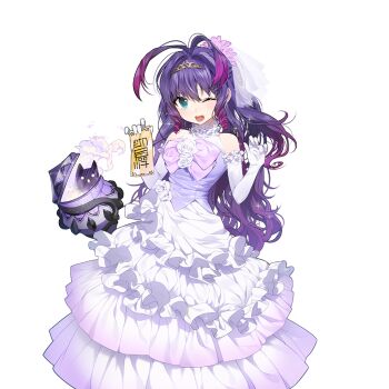 1girl antenna_hair aqua_eyes bare_shoulders breasts bridal_veil commentary_request demon dress elbow_gloves gloves gold_tiara gradient_hair hair_between_eyes holding holding_ofuda large_breasts long_hair multicolored_hair ofuda pink_hair purple_hair ruka_fuuun sukja uchi_no_hime-sama_ga_ichiban_kawaii veil wedding_dress white_gloves
