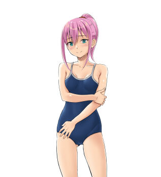 Rule 34 | 1girl, bare shoulders, blue eyes, blue one-piece swimsuit, blush, breasts, cameltoe, closed mouth, competition school swimsuit, gluteal fold, hand on own hip, high ponytail, highres, holding own arm, looking at viewer, malcorond, medium hair, one-piece swimsuit, original, pink hair, ponytail, school swimsuit, sidelocks, simple background, small breasts, smile, solo, split mouth, standing, swimsuit, white background