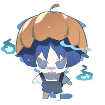 Rule 34 | 1boy, a maya xxx, animal ears, arms at sides, black overalls, blue eyes, blue hair, blue pupils, blunt ends, casual, cat boy, cat ears, cat tail, chibi, contemporary, eyeliner, eyeshadow, frown, genshin impact, halloween, halloween costume, hat, hitodama, looking at viewer, makeup, male focus, official alternate costume, open mouth, orange hat, overalls, pumpkin, pumpkin hat, red eyeliner, red eyeshadow, scaramouche (genshin impact), shirt, short sleeves, solo, standing, tail, wanderer (genshin impact), white background, white shirt, white sleeves, wispy bangs