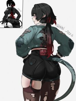 1girl 2024 2025 absurdres animal_ears arrow_print artist_name ass black_gloves black_hair black_shorts blue_eyes blue_jacket blush brown_thighhighs commentary cowboy_shot earrings english_commentary eyelashes eyeshadow from_behind fur-trimmed_jacket fur-trimmed_sleeves fur_trim garter_belt gloves gradient_hair grey_background grey_eyeshadow gy_beth half-closed_eyes hands_on_own_hips highres huge_ass jacket jane_doe_(zenless_zone_zero) jewelry lips long_hair long_sleeves looking_at_viewer looking_back low_ponytail makeup mouse_ears mouse_girl mouse_tail multicolored_hair pocket ponytail puffy_long_sleeves puffy_sleeves red_hair redrawn short_shorts shorts simple_background smile solo standing tail teeth thighhighs thighs torn_clothes torn_thighhighs two-tone_hair zenless_zone_zero