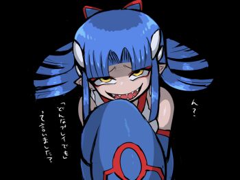 1girl black_background blue_hair blunt_bangs blunt_ends detached_sleeves evil_grin evil_smile eyeshadow gen_3_pokemon grin hair_intakes hair_ornament kasugai_(de-tteiu) kyogre legendary_pokemon looking_at_viewer makeup nintendo no_nose personification pokemon pokemon_rse red_eyeshadow shaded_face sharp_teeth sleeves_past_fingers sleeves_past_wrists smile solo teeth translation_request upper_body wide_sleeves yellow_eyes