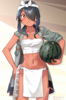 Rule 34 | 1girl, black hair, chest sarashi, cowboy shot, dark-skinned female, dark skin, ecchuu fundoshi, food, fruit, fundoshi, grey jacket, hair over one eye, headband, highres, izumi kuma, jacket, japanese clothes, kantai collection, kumano maru (kancolle), kumano maru kai (kancolle), kumano maru kai (swimsuit) (kancolle), military jacket, navel, one-hour drawing challenge, red eyes, sarashi, solo, watermelon, white headband