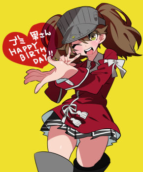 1girl bad_id blush boots brown_hair commentary_request foreshortening gift_art grey_hair happy_birthday hat heart highres japanese_clothes kantai_collection kariginu long_hair long_sleeves looking_at_viewer magatama miniskirt one_eye_closed open_mouth ryuujou_(kancolle) simple_background skirt solo tassel teeth thigh_boots twintails upper_teeth_only visor_cap yellow_background zashima