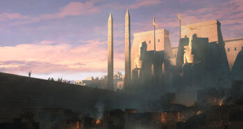 ancient_egyptian assassin's_creed:_origins assassin's_creed_(series) blue_sky bridge cloud cloudy_sky commentary dusk english_commentary highres house obelisk outdoors painterly raphael-lacoste sandstone scenery signature sky statue sunlight town
