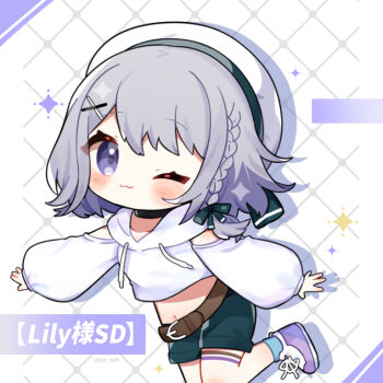 1girl ;3 bare_shoulders black_bow black_shorts blue_socks blush bow braid character_name chibi chibi_only closed_mouth commentary_request cowboy_shot crop_top cropped_hoodie drawstring drop_shadow grey_hair hair_bow hair_ornament hood hood_down hoodie indie_virtual_youtuber kashiwase_karune lily_(singasongll) long_sleeves looking_at_viewer midriff navel one_eye_closed purple_eyes purple_shoes shoes short_hair shorts smile socks solo twitter_username virtual_youtuber white_background x_hair_ornament