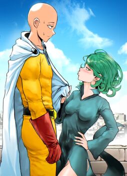 1boy 1girl aqua_dress bald blue_sky blush breasts cape cloud commentary devovas dress english_commentary frown gloves green_eyes green_hair hand_on_own_hip height_difference hetero highres impossible_clothes impossible_dress one-punch_man puckered_lips red_gloves rooftop saitama_(one-punch_man) side_slit sideways_glance sky small_breasts superhero_costume tatsumaki toned toned_male white_cape