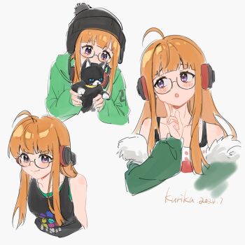 1girl :o ahoge animal arms_behind_back artist_name behind-the-head_headphones black-framed_eyewear black_hat black_tank_top blunt_bangs blush cat closed_mouth commentary commentary_request cropped_arm cropped_torso dated finger_to_cheek fur-trimmed_jacket fur_trim glasses green_hoodie green_jacket hashtag-only_commentary hat headphones headphones_around_neck highres holding holding_animal holding_cat hood hoodie jacket jacket_partially_removed long_hair looking_at_animal morgana_(cat)_(persona_5) morgana_(persona_5) multiple_views off-shoulder_shirt off_shoulder orange_hair persona persona_5 purple_eyes qianyewuli sakura_futaba shirt sidelocks smile symbol-only_commentary tank_top tuxedo_cat white_shirt