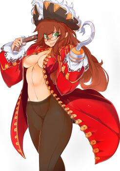 1girl antique_firearm bad_id bad_tumblr_id breasts brown_hair captain_hook female_focus firearm firelock flintlock genderswap genderswap_(mtf) glasses green_eyes gun handgun hat highleg highleg_panties highres hook_hand jacket large_breasts lips long_hair navel no_bra open_clothes open_jacket panties pantyhose pirate pirate_hat pistol red_jacket seamed_legwear see-through_clothes see-through_legwear side-seamed_legwear sideboob slugbox smile solo underwear walt_disney&#039;s_peter_pan weapon white_background