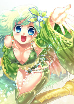1990s_(style) 1girl blue_eyes boots breasts cleavage covered_erect_nipples detached_sleeves earrings female_focus final_fantasy final_fantasy_iv green_hair green_thighhighs hair_ornament jewelry large_breasts leotard long_hair retro_artstyle rydia_(adult)_(ff4) rydia_(ff4) shuuko solo star_(symbol) thighhighs yellow_boots