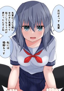 1girl absurdres aqua_eyes black_thighhighs breasts commentary_request grey_hair highres jitome kuromiya_sakana large_breasts looking_at_viewer original pov school_uniform serafuku straddling thighhighs translated white_background