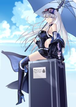 1girl absurdres azur_lane bare_shoulders breasts cleavage dress elbow_gloves enterprise_(azur_lane) enterprise_(wind_catcher)_(azur_lane) eyewear_on_headwear gloves hat highres holding holding_umbrella jacket large_breasts long_hair looking_at_viewer official_alternate_costume ponytail purple_eyes race_queen solo sunglasses suprii thighhighs umbrella very_long_hair white_hair