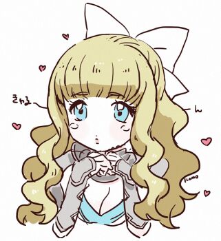 1girl blonde_hair blue_eyes bow breasts charlotte_(fire_emblem) cleavage fire_emblem fire_emblem_fates hair_bow large_breasts long_hair mari_mokomo nintendo solo wavy_hair white_bow