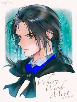 1boy 3wa_tari aqua_background black_cape black_hair blue_shirt border cape closed_mouth collared_shirt copyright_name cropped_torso dated grey_eyes highres long_hair low_ponytail male_focus parted_bangs ponytail shirt solo twitter_username upper_body where_winds_meet white_border