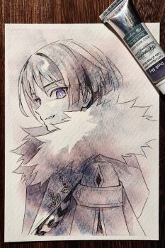 1boy art_tools_in_frame blunt_ends bright_pupils coat cropped_torso fatui_coat from_side fur_collar genshin_impact greyscale highres lapels looking_at_viewer male_focus monochrome nagi_yusura painting_(medium) parted_lips photo_(medium) purple_eyes rope scaramouche_(genshin_impact) shimenawa smirk solo spot_color traditional_media tsurime watercolor_(medium) white_background white_pupils wispy_bangs