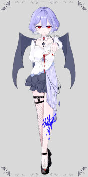 1girl absurdres ambiguous_red_liquid asymmetrical_dress bat_wings black_shoes closed_mouth cropped_dress cross cross_earrings cup double-parted_bangs dress drinking_glass earrings flat_chest frilled_skirt frills garter_straps gem grey_background grey_skirt hair_between_eyes high_heels highres holding holding_cup jewelry ki_irs24 layered_skirt long_sleeves multiple_earrings purple_hair red_eyes red_gemstone remilia_scarlet shoes short_hair simple_background single_fishnet_legwear skirt solo spilling split_mouth thigh_strap touhou white_dress wine_glass wings