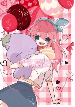 1000_omo 1girl aubrey_(faraway)_(omori) aubrey_(omori) balloon blue_eyes blue_hairband blue_skirt blush character_name dated denim denim_skirt double-parted_bangs hair_between_eyes hairband happy_birthday highres jacket long_hair looking_at_viewer mr._plantegg_(omori) omori open_mouth pink_hair short-sleeved_jacket short_sleeves sidelocks skirt smile solo teeth tongue white_jacket
