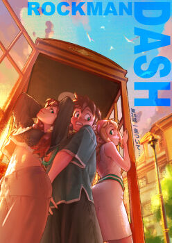 alternate_costume belt bird black_shirt blonde_hair blue_tunic braid brown_hair character_request cloud commentary_request cover cover_page dress green_belt green_eyes hairband high-waist_pants highres mega_man_(series) mega_man_legends mega_man_legends_(series) mega_man_volnutt midriff mko_(artist) official_style pants parody payphone phone phone_booth pink_hairband roll_caskett_(mega_man) shirt sky spiked_hair style_parody tron_bonne_(mega_man) tunic twin_braids white_dress