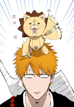 Rule 34 | 2boys, = =, afterimage, anger vein, blank eyes, bleach, blush, commentary request, emphasis lines, facing viewer, furrowed brow, heart, highres, kon (bleach), kurosaki ichigo, looking at viewer, male focus, multiple boys, nil note0, on head, open mouth, orange hair, parted lips, portrait, short hair, simple background, smile, solo, spiked hair, stuffed animal, stuffed lion, stuffed toy, v-shaped eyebrows, waving, white background