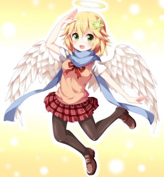 1girl :d angel angel_wings arm_up black_pantyhose blonde_hair blue_scarf blush bow bowtie brown_shoes commentary_request flower full_body gabriel_dropout green_eyes hair_between_eyes hair_flower hair_ornament halo looking_at_viewer miniskirt open_mouth pantyhose plaid_clothes plaid_skirt pleated_skirt red_bow red_bowtie red_skirt ruu_(tksymkw) scarf school_uniform shirt shoes short_hair short_sleeves skirt smile solo standing standing_on_one_leg tapris_chisaki_sugarbell vest white_shirt wings yellow_vest