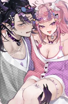 1girl ahoge bandaid bandaid_hair_ornament bead_necklace beads black_hair blush bone_hair_ornament bra breasts bubi_(ironmouse) button_hair_ornament carrying cleavage collar crescent crescent_hair_ornament decora demon_girl demon_horns facial_mark fishnet_top fishnets food-themed_hair_ornament hair_ornament hair_scrunchie heart heart_ahoge heart_facial_mark heart_hair_ornament highres horns ironmouse ironmouse_(decora) jewelry large_breasts lollipop_hair_ornament long_hair looking_at_viewer may_nakasaki multicolored_hair necklace open_mouth pink_hair princess_carry purple_eyes purple_hair rabbit_hair_ornament scrunchie short_hair skull_hair_ornament sparkle_hair_ornament spiked_collar spiked_thigh_strap spikes star_(symbol) star_facial_mark star_hair_ornament strawberry_hair_ornament streaked_hair thighs twintails underwear virtual_youtuber vshojo white_bra white_horns x_hair_ornament