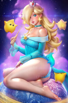 1girl artist_request ass bare_shoulders blonde_hair blue_eyes blush breasts collarbone dress english_text feet full_body giant giantess kneeling large_breasts lips long_hair looking_down luma mario_(series) nintendo one_eye_covered panties planet rosalina soles space star_(sky) super_mario_galaxy underwear wand watermark