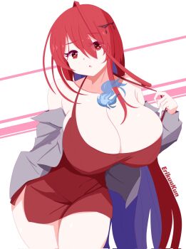 Rule 34 | 1girl, ahoge, alternate costume, blue hair, breasts, cleavage, colored inner hair, elizabeth rose bloodflame, erikuukun, fire on chest, hair ornament, hairpin, highres, hololive, hololive english, large breasts, looking at viewer, multicolored hair, red eyes, red hair, sidelocks, solo, virtual youtuber