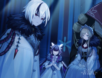 3girls arlecchino_(genshin_impact) automaton_(object) black_eyes black_hair blonde_hair blue_eyes bow bowtie coat columbina_(genshin_impact) commentary_request corn_kuten dress eye_mask fatui_coat frown fur-trimmed_coat fur_trim genshin_impact hair_ornament hands_on_lap headdress indoors long_hair looking_at_viewer mask multicolored_hair multiple_girls open_clothes open_coat own_hands_clasped own_hands_together purple_hair red_pupils sandrone_(genshin_impact) sitting smile streaked_hair symbol-shaped_pupils watermark white_bow white_bowtie white_coat white_dress white_hair x-shaped_eyewear x-shaped_pupils x_hair_ornament