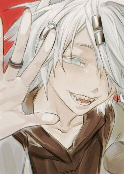 1girl absurdres ambience_synesthesia aqua_eyes arknights black_hood black_hoodie black_nails close-up collarbone deatiose evil_grin evil_smile film_grain fingernails from_side grey_hair grey_jacket grin hair_ornament hair_over_one_eye hair_tubes half-closed_eyes hand_up highres hood hood_down hoodie jacket jewelry lappland_(ambience_synesthesia)_(arknights) lappland_(arknights) looking_afar looking_down messy_hair nail_polish official_alternate_costume one_eye_covered open_hand open_mouth pale_skin palms portrait red_background ring sharp_teeth short_hair simple_background smile solo teeth tomboy waving wolf_girl