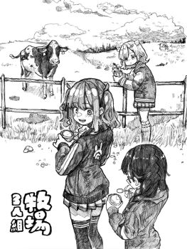 3girls blush braid cevio commentary_request cow day double_bun fence field food graphite_(medium) grass greyscale hair_bun hanakuma_chifuyu highres hill hiroya_(hirogaya_02) holding holding_food hood hood_down hoodie hunched_over ice_cream jacket kneehighs koharu_rikka long_hair long_sleeves looking_at_another looking_back looking_to_the_side low_twin_braids medium_hair miniskirt monochrome multiple_girls natsuki_karin nature open_mouth outdoors pleated_skirt ranch skirt smile socks standing synthesizer_v thighhighs traditional_media translation_request twin_braids twintails
