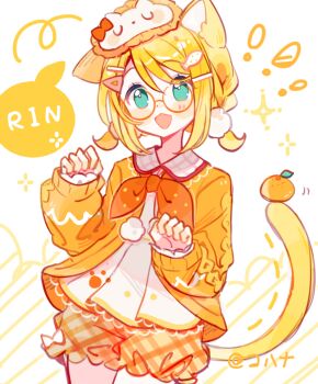 Rule 34 | 1girl, animal ears, blonde hair, blue eyes, blush, cardigan, cat ears, cat girl, cat tail, character name, chinese commentary, cohana, commentary request, cowboy shot, glasses, hair ornament, hairclip, kagamine rin, kemonomimi mode, looking at viewer, necktie, open mouth, orange necktie, orange shorts, paw pose, shirt, short hair, shorts, sleep mask, smile, solo, tail, vocaloid, white shirt, yellow cardigan