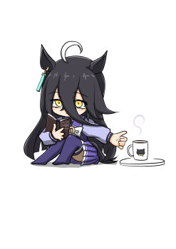 1girl ahoge animal_ears black_hair book bow bowtie coffee coffee_mug cup ear_tag earrings hair_between_eyes highres holding holding_book horse_ears horse_girl horse_tail jewelry long_bangs long_hair long_hair_between_eyes long_sleeves magnoliko manhattan_cafe_(umamusume) mug multicolored_hair purple_sailor_collar purple_serafuku purple_shirt purple_skirt purple_thighhighs reaching reading sailor_collar sailor_shirt school_uniform serafuku shirt simple_background single_earring sitting skirt solo steaming_cup tail thighhighs tracen_school_uniform umamusume very_long_hair white_bow white_bowtie white_hair yellow_eyes