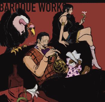 1boy 1girl alternate_color amputee animal armlet bird black_hair boots cigar cowboy_hat crocodile_(one_piece) f4ylu flower hair_slicked_back hat highres holding holding_flower hook_hand jewelry letterboxed miss_friday mr._13_(one_piece) nico_robin nico_robin_(alabasta) one_piece orange_vest otter ring scar scar_on_face stitched_face stitches sunglasses vest vulture white_footwear white_hat