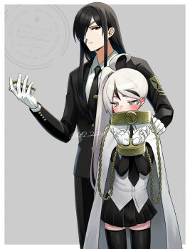 Rule 34 | 2boys, ahoge, black hair, black necktie, black pants, black skirt, black suit, black thighhighs, blush, border, bound, bound wrists, cape, chain, collared shirt, commentary request, cosplay, crossdressing, crossdressing (mtf), embarrassed, esther (project moon), formal clothes, gloves, grey background, grey eyes, highres, library of ruina, limbus company, long hair, looking at viewer, male focus, moribe denkou, multicolored hair, multiple boys, necktie, outside border, pants, pleated skirt, project moon, red eyes, rien (project moon), rien (project moon) (cosplay), shirt, side ponytail, simple background, skirt, sora (project moon), sora (project moon) (cosplay), streaked hair, suit, thighhighs, trap, watermark, white border, white cape, white gloves, white hair, white shirt, yan vismok