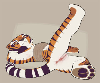 1girl 2022 animal_ears animal_hands anus ass bandaged_chest bandages black_claws body_fur bottomless claws colored_sclera dreamworks feet flat_chest furry furry_female highres kung_fu_panda looking_at_viewer lying multicolored_fur orange_eyes orange_fur presenting pussy simple_background snout snowskau solo spread_legs striped_fur striped_tail tail tiger tiger_ears tiger_girl tiger_tail tigress_(kung_fu_panda) whiskers white_fur yellow_sclera