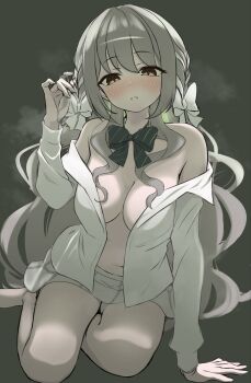 1girl blue_archive blush bow bowtie breasts brown_eyes cleavage grey_background grey_hair hair_bow hand_in_own_hair highres long_hair medium_breasts miyo_(blue_archive) multicolored_hair navel off-shoulder_shirt off_shoulder open_clothes open_shirt panda_90321 shirt sitting skirt solo steaming_body twirling_hair wavy_hair white_bow white_hair