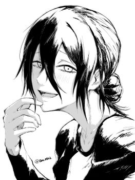 1girl chainsaw_man commentary_request greyscale hair_between_eyes hair_bun highres light_blush looking_at_viewer madaosw medium_hair monochrome open_mouth reze_(chainsaw_man) shirt solo twitter_username