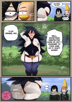 Rule 34 | 1girl, 2boys, after vaginal, aftersex, aizawa shota, ass, black hair, blue eyes, blush, boku no hero academia, breasts, bulge, english text, huge breasts, impregnation, inflation, ledo erotes, long hair, midnight (boku no hero academia), multiple boys, ovum, present mic, speech bubble, stomach bulge, torn clothes