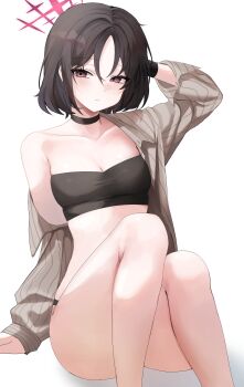 1girl absurdres bandeau bikini bikini_under_clothes black_bandeau black_bikini blue_archive halo highres misaki_(blue_archive) misaki_(swimsuit)_(blue_archive) nkvl04 official_alternate_costume pinstripe_pattern pinstripe_shirt red_halo shirt solo star_halo striped_clothes striped_shirt swimsuit vertical-striped_clothes vertical-striped_shirt